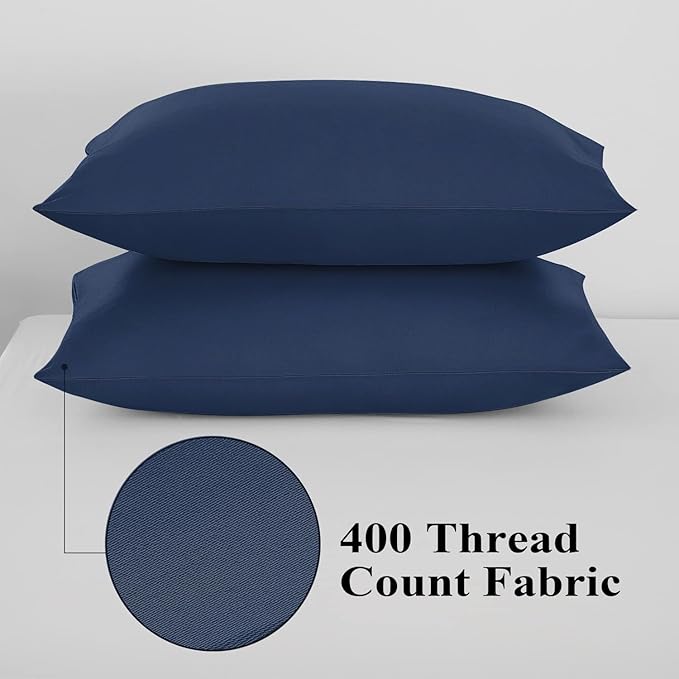 4 Pack 100% Egyptian Cotton Queen Pillow Protector with Hidden Zipper, 400 Thread Count Pillow Covers, Sateen Weave Cooling Bed Pillow Cases, Soft Breathable Non Noisy Easy Care (Navy Blue)