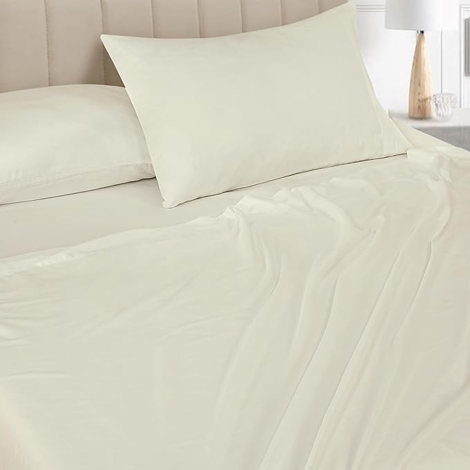 ROYALE LINENS Bamboo Viscose King Sheet Set - Cooling Bed Sheet Set - 1 Fitted, 1 Flat & 2 Pillowcase - Fits Up to 16" - Organic Viscose Derived from Bamboo - Bedding Sheet Set (King, Egret)