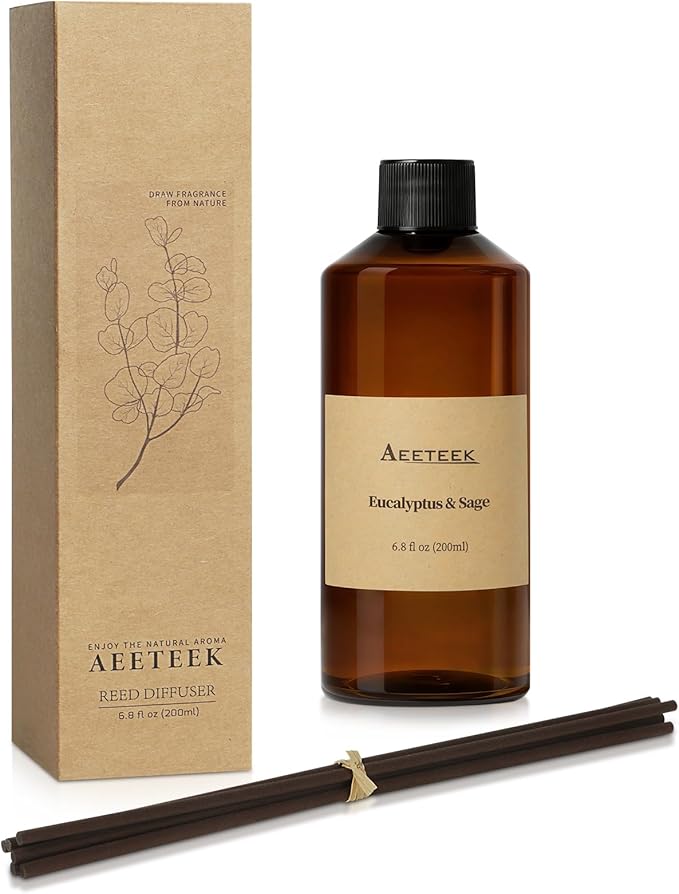 Reed Diffuser, Sage & Eucalyptus Essential Oil Refill with Diffuser Sticks, 6.8 Fl Oz (200ml) Scented Diffusers, Long-Lasting Fragrance for Home Decor