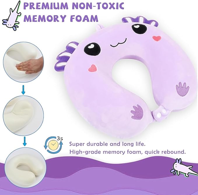 Travel Pillow, Kids Travel Pillow with Sleep Eye Mask Soft Memory Foam Kids Neck Pillow for Boys & Girls, Travel Accessories for Car Airplane Traveling - Purple Axolotl
