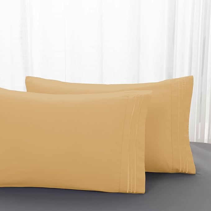 Mocassi 2-Piece Premium Standard/Queen Pillowcase Set 1800 Series Hotel Quality Microfiber - Soft and Breathable with 3-Line Embroidery Wrinkle and Stain Resistant, Easy Care, 20" x 30", Gold