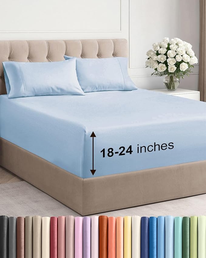 Extra Deep King Sheet Set - 4 Piece Breathable & Cooling Bed Sheets - Easily Fits 18 to 24 inch Mattress - Ultra Soft, Wrinkle & Fade Free w/ Extra Deep Pockets - Comfy Hotel Luxury Bedding - Sky Blue