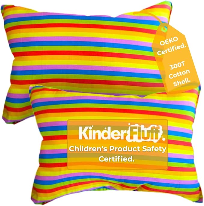 kinder Fluff Toddler Pillow 2X–Certified Hypoallergenic Award Winning Baby Pillow (no Pillowcase Needed) 300TC Pure Cotton Shell and Down Alternative Fill. Toddler Bedding Kids Pillow 2+ Rainbow