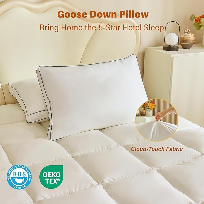 Goose Down Pillows for Neck Pain - Perfect Balance of Softness and Support,Relief for Side and Back Sleepers, Hotel Down Pillows King Size Set of 2