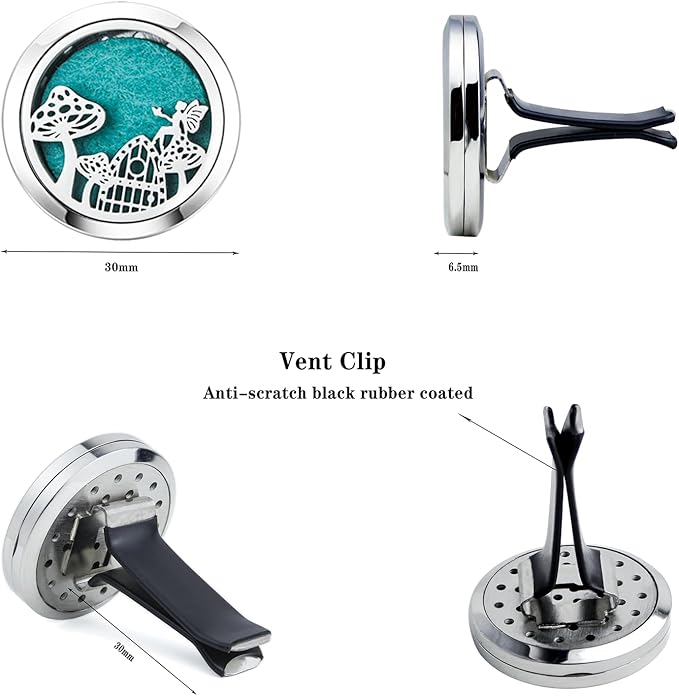 Mushroom Fun Eco Friendly Car Essential Oil Diffuser,30mm Vent Clip Aromatherapy Locket for Focus or Relaxation with 10 Pads
