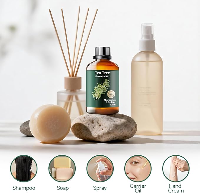 Tea Tree Essential Oil, Pure Tea Tree Oil Mumianhua Natural Purifying Oil for Home & Outdoor Protection, Aromatherapy for Cleansing Air, Diffuser, Hair, Skin & Nail Care, Soap Making 3.38 Fl Oz