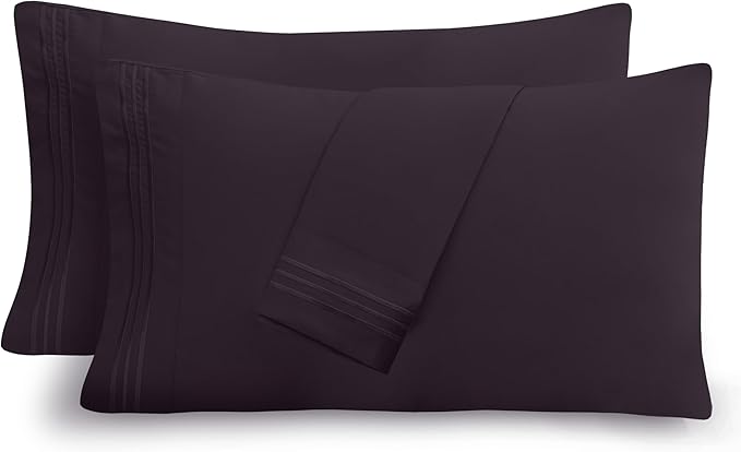 Mocassi 2-Piece Premium King Pillowcase Set 1800 Series Hotel Quality Microfiber - Soft and Breathable with 3-Line Embroidery Wrinkle and Stain Resistant, Easy Care, 20" x 40", Purple