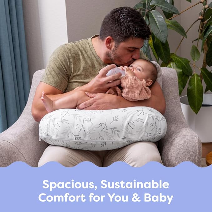 Boppy Nursing Pillow - Firm, Ergonomic U-Shaped Bottle and Breastfeeding Pillow with High Lift for Comfort and Support, Spacious Surface - Gray Gentle Leaves