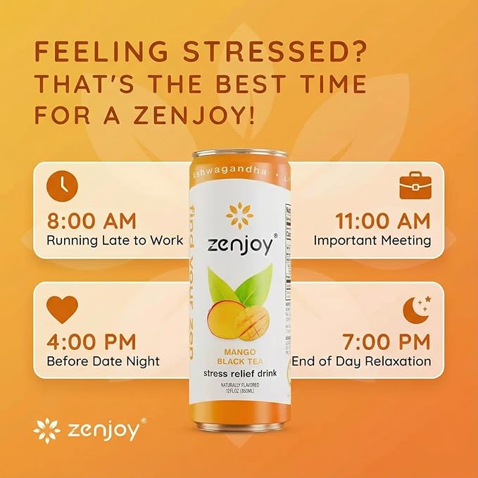 Zenjoy Stress Relief Drink, Calming Black Tea, Non Alcoholic, Ashwagandha & Lemon Balm for Stress Relief, L - Theanine for Focus (12 Pack) (Mango)