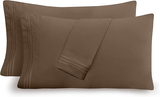 Mocassi 2-Piece Premium King Pillowcase Set 1800 Series Hotel Quality Microfiber - Soft and Breathable with 3-Line Embroidery Wrinkle and Stain Resistant, Easy Care, 20" x 40", Taupe