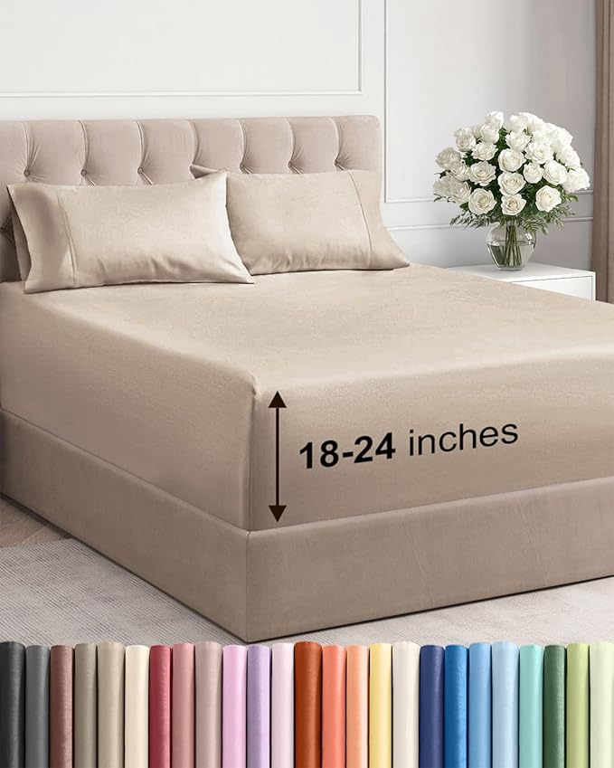 Extra Deep Cal King Sheet Set - 4 Piece Breathable & Cooling Bed Sheets - Easily Fits 18 to 24 inch Mattress - Ultra Soft, Wrinkle & Fade Free with Extra Deep Pockets - Hotel Luxury Bedding - Wheat