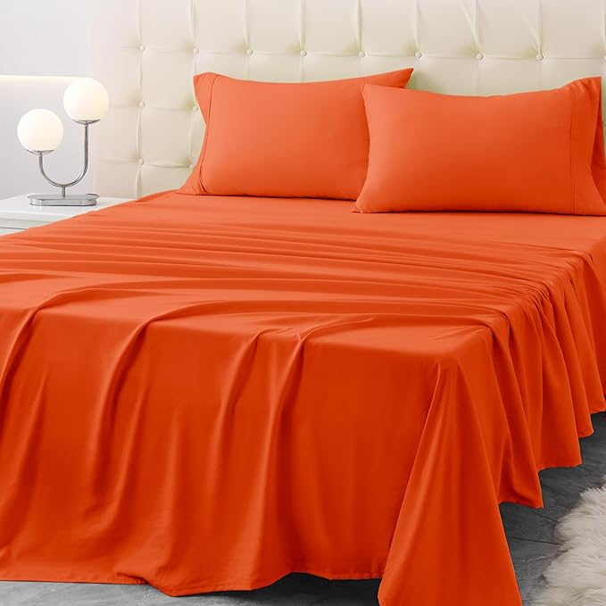 Twin Size Terracotta Bed Sheet Set - 3 Piece Soft Microfiber Sheets with Deep Pockets, Cooling Technology, and Wrinkle-Free Pillowcase. Hotel-Quality, Durable Bedding, Bright Orange