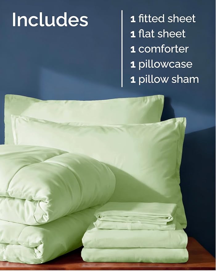 Twin Comforter Set - 5 Piece Bed in a Bag Twin Size Bed Set - Down Alternative Comforter, Flat Sheet, Fitted Sheet, Pillowcase & Sham for All Seasons - Soft, Comfy & Breathable - Light Sage/Emerald