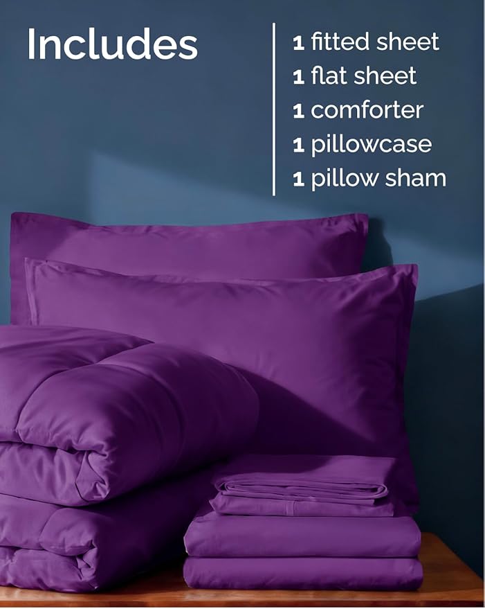 Twin Comforter Set - 5 Piece Bed in a Bag Twin Size Bed Set - Down Alternative Comforter, Flat Sheet, Fitted Sheet, Pillowcase & Sham for All Seasons - Ultra Soft, Cozy, Comfy & Breathable - Purple