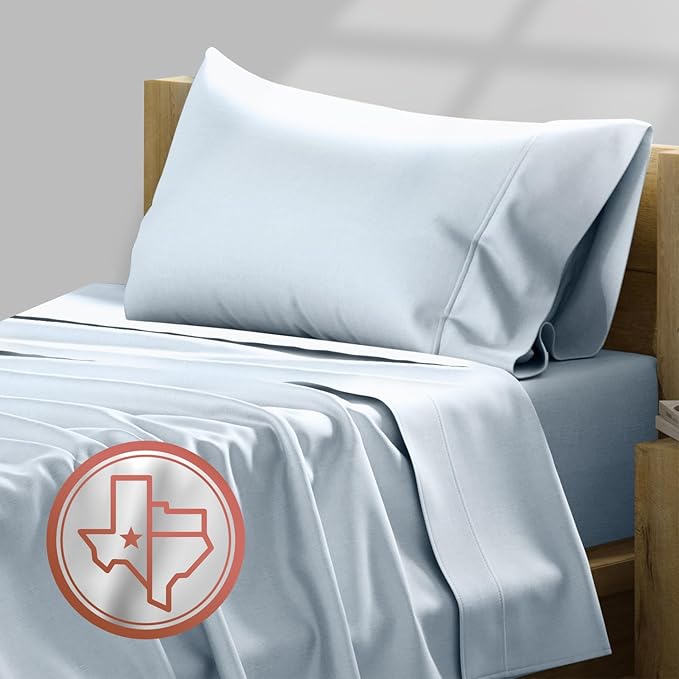 TEXAS LINEN CO. 100% Egyptian Cotton Sheets - Texan Talkin' Collection 600 Series 3 PC Twin XL Sheet Set (Light Blue), Soft, Cooling, Sateen Weave, Extra Long Staple Luxury Bedding, 16" Deep Pocket