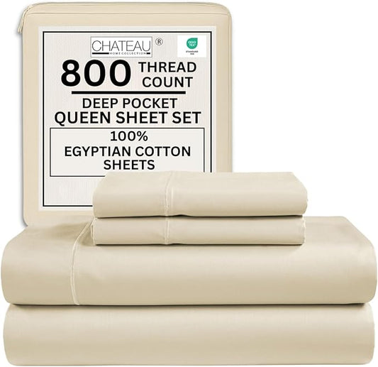 800TC Egyptian Cotton Bedding Sheets & Pillowcases - Queen Sheet Set - Soft, Durable and Luxurious 4PC Sateen Weave Ivory Bed Sheets for Queen Size Bed, No Pill & Shrink Thick Machine Washable