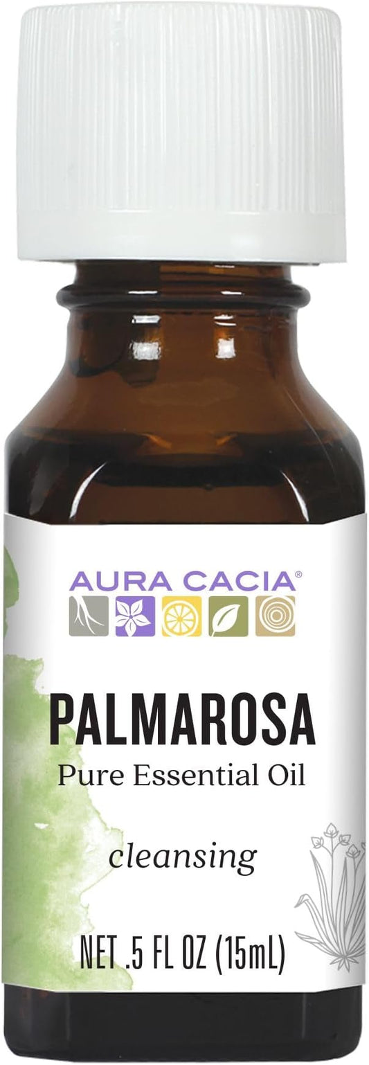 Aura Cacia Palmarosa Essential Oil, Cymbopogon Martinii Oil, Cleansing Aromatherapy for Diffusers, Skincare, Home Cleaning, Custom Blends | 0.5 Fl Oz (Pack of 1)
