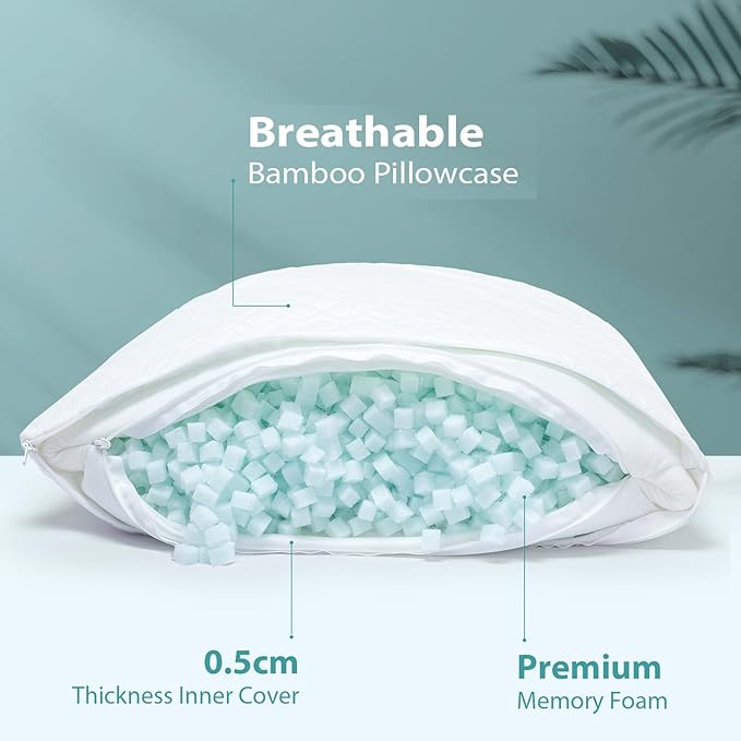Rainmr Pillow King Size Memory Foam for Sleeping, Bed Pillows with Washable Cooling Pillowcase for Back & Side & Stomach Sleepers, 20x36 inches (White, King 1-Pack)