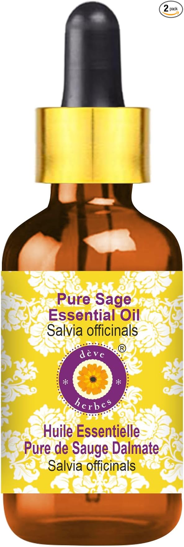 Deve Herbes Pure Sage Essential Oil (Salvia officinalis) with Glass Dropper Steam Distilled 10ml (0.33 oz)