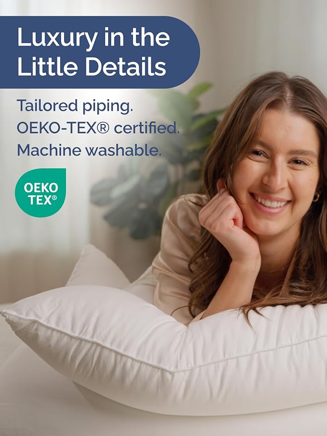 100% Cotton Bed Pillows - Queen Size Set of 2 - Super Soft, Breathable, Down Alternative Polyester for Back & Stomach Sleepers - Low Density, Low Loft Support & Machine Washable - 20" x 40" (White)