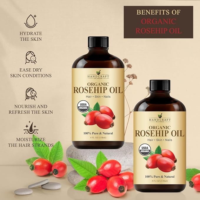 Handcraft Blends Cold-Pressed Organic Rosehip Oil | 4 Fl Oz | 100% Pure and Natural | Premium Grade Oil | Face, Skin and Hair | Protect | Nourish | Carrier Oil