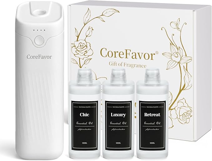 Waterless Essential Oil Diffuser with 3x120ml Oil, Portable Battery-Operated Cold Air Aroma Scent Machine, 4 Adjustable Intensity Levels, Quiet Diffuser for Bedroom Office Bathroom Car