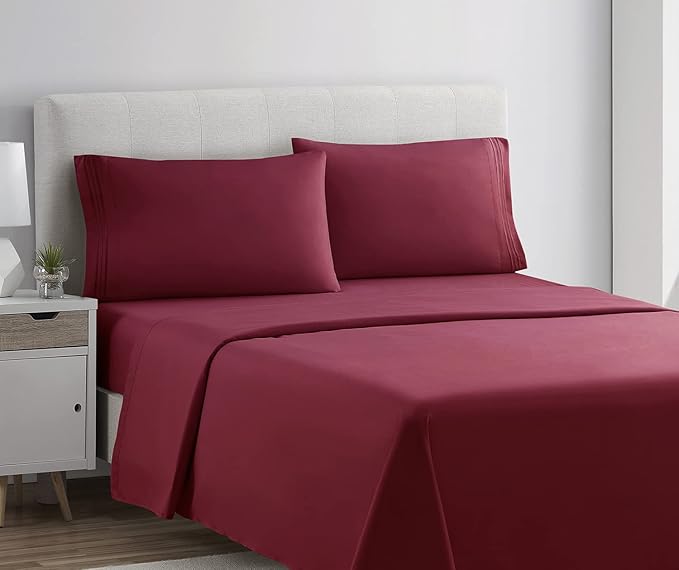 Clara Clark Bed Sheets, Premier 1800 Series 4 Piece Bed Sheet Set, Deep Pocket, Wrinkle, Fade, Stain Resistant, Luxury Soft Bedding Sheets & Pillowcases, Twin-XL, Burgundy Red