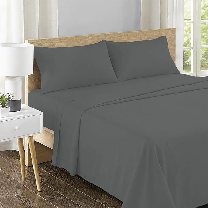 Feather & Stitch 500 TC King Size 4pc Damask Bed Sheet Set, 100% Soft Cotton Breathable Bedsheets, 18" Deep Pockets Sateen Weave Solid Bedding Mattress Resort Hotel Luxury Decor - (Charcoal Slate)