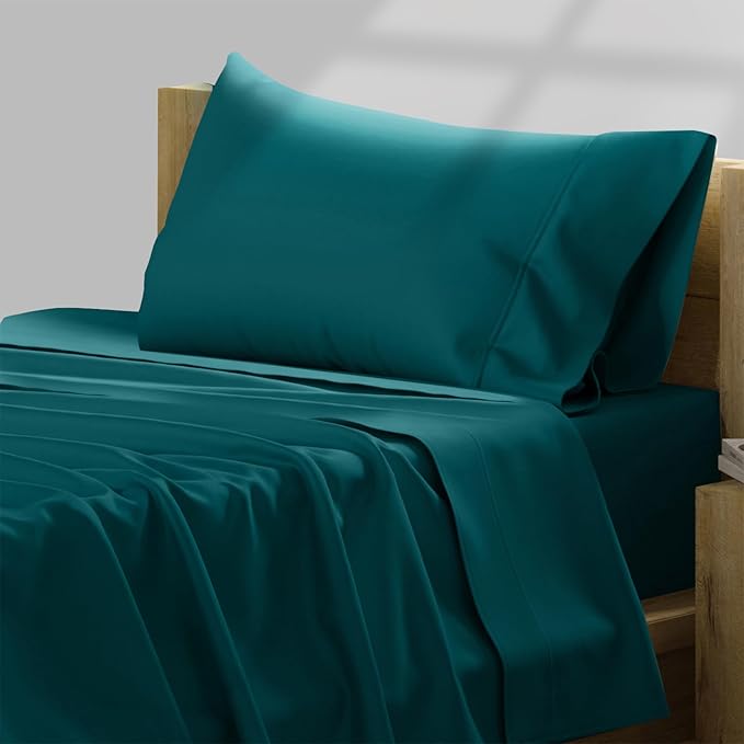 TEXAS LINEN CO. 100% Egyptian Cotton Sheets - Texan Talkin' Collection 600 Series 3 PC Twin XL Sheet Set (Teal), Soft, Cooling, Sateen Weave, Extra Long Staple Luxury Bedding, 16" Deep Pocket