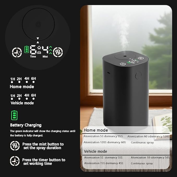 Waterless Essential Oil Diffuser, 20mL Rechargeable Nebulizing Diffuser with 4 Timers & 4 Mist Levels, Rechargeable Diffuser for Home, Office, Bedroom, Hotel, Travel (Black)