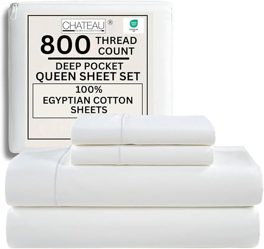 800 Thread Count Queen Sheet Set,100% Egyptian Cotton Sheets Queen Size Bed Set, Silky Sateen Weave White Sheets, Ultra-Soft Durable Hotel Luxury Bed Sheets with 15" Snug Fit Deep Pockets-White