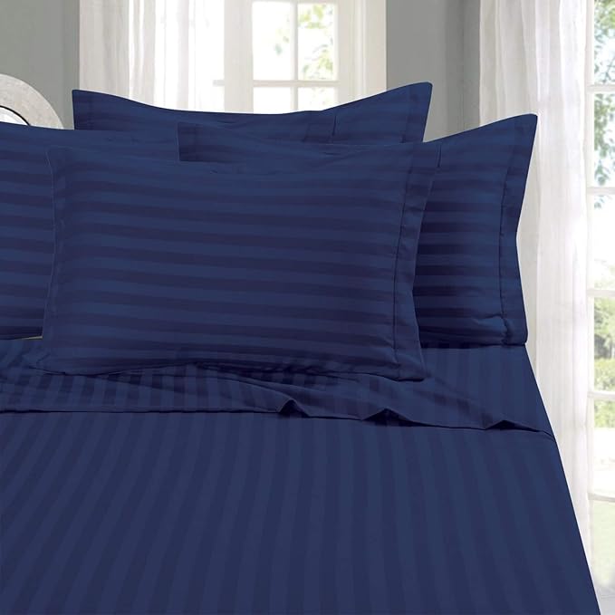 Elegant Comfort Softest and Coziest 4-Piece Sheet Set - 1500 Premium Hotel Quality Microfiber - Luxurious Wrinkle Resistant 4-Piece Damask Stripe Bed Sheet Set, Twin XL, Navy Blue