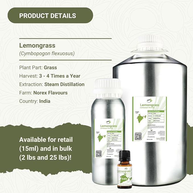 Lemongrass Essential Oil - Natural Aceite de Hierba Limón from Norex Flavours India - Lemongrass Essential Oils for Hair, Aromatherapy and Massage (22lbs)