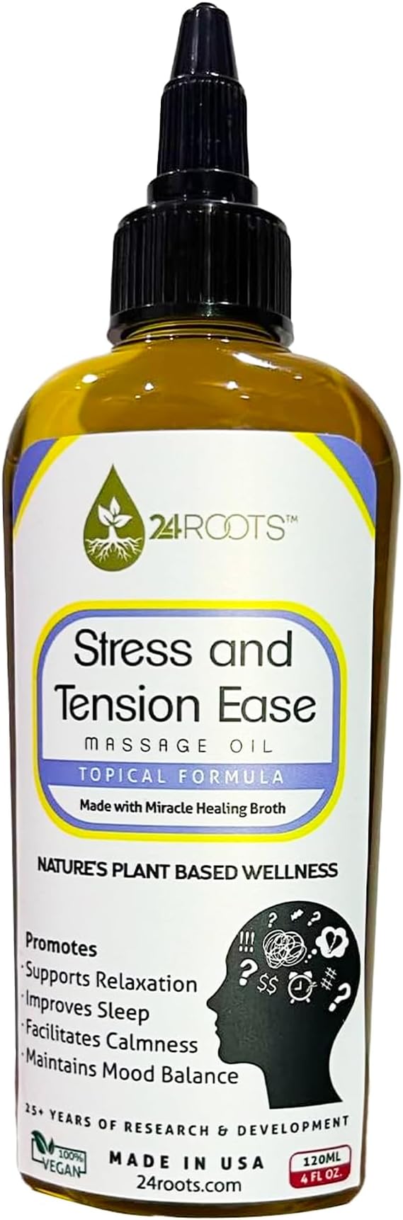 Plant Based Stress and Tension Ease Massage Oil - Supports Relaxation, Helps with Sleep, Aids in Calmness, and Helps Mood Balance - 24+ AYURVEDIC Herbs - 100% Vegan (4 Fl Oz/120 ML)