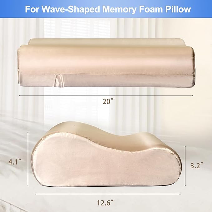 Satin Pillowcase for Contour Memory Foam Pillows, 20" x 12.6" x 4.1"/3.2" Cervical Pillow Case, Soft Pillow Cover for Sleeping Pillows (Champagne)