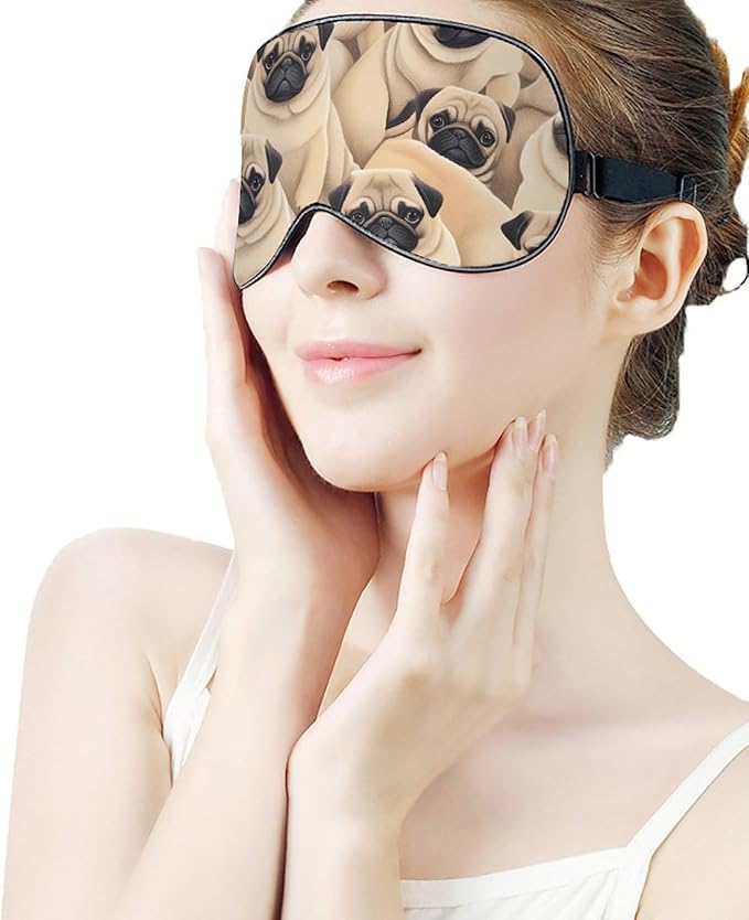 SWEET TANG Sleep Mask for Women Men, Compatible with Cute Pug Dogs Print Puppy Blockout Lightweight for Sleeping Blindfold, Eyes Cover with Elastic Strap for Nap Travel Night Shift
