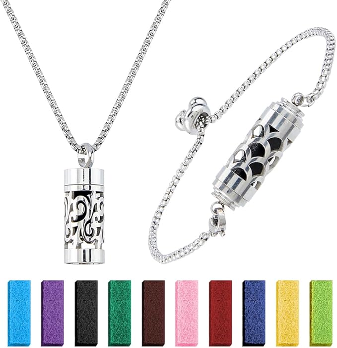 SUPERFINDINGS 2Styles Essential Oil Diffuser Necklace Bracelet Stainless Steel Aromatherapy Locket Column Pendant Set with 20Pcs Perfume Pads Adjustable Necklaces Bracelet for Christmas Birthday Gifts