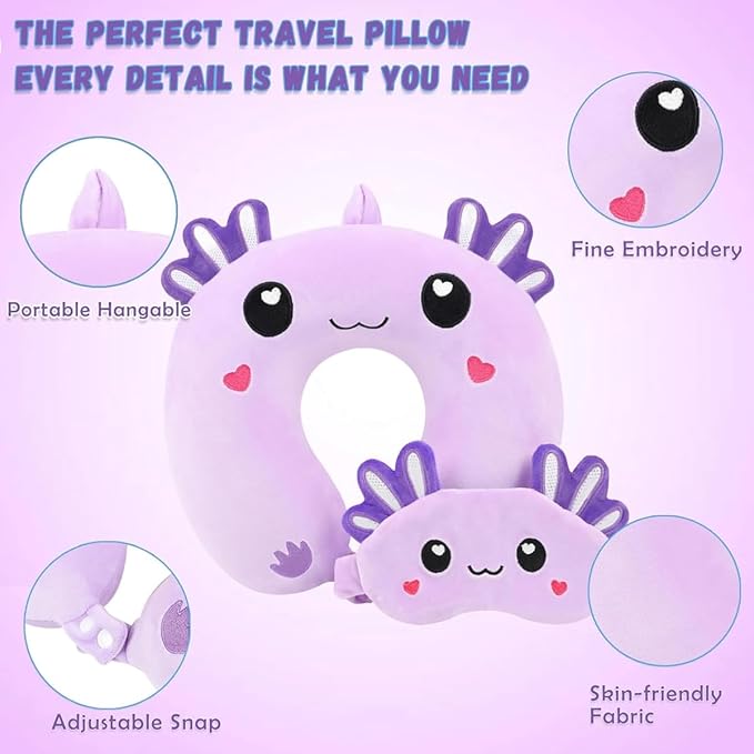 Travel Pillow, Kids Travel Pillow with Sleep Eye Mask Soft Memory Foam Kids Neck Pillow for Boys & Girls, Travel Accessories for Car Airplane Traveling - Purple Axolotl