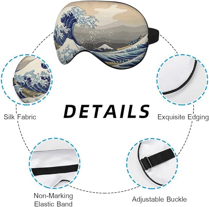 Great Wave Sleep Eye Mask Eye Cover Oriental Japanese Ocean Sea Waves Blue Silk Eye Mask for Sleeping with Adjustable Strap for Travel Nap Shift Work Office