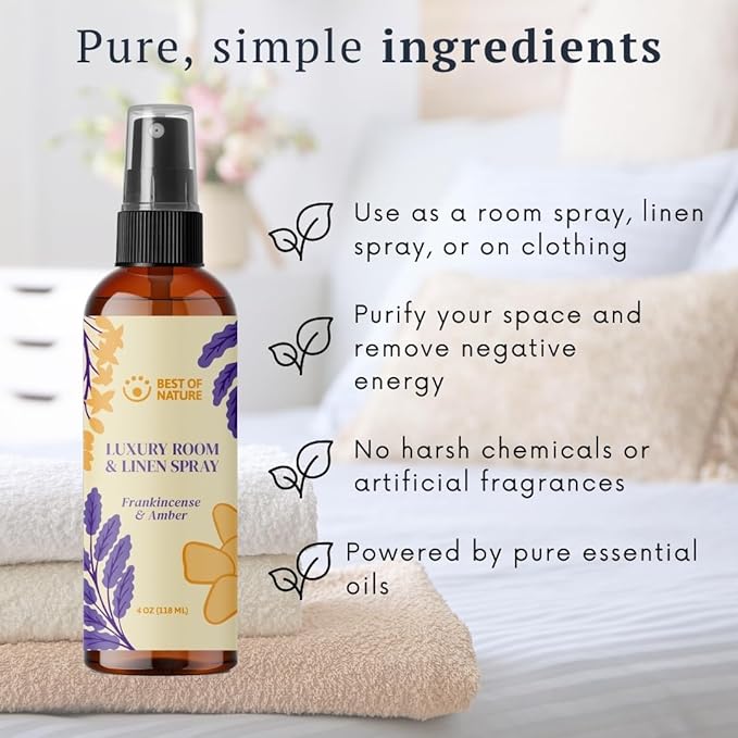 Best of Nature Luxury Room & Linen Spray – All-Natural Essential Oil Air Freshener for Home, Bedroom, Bathroom & Linens – Plant-Based, Family-Safe, Relaxing Aromatherapy Mist (Frankincense & Amber)