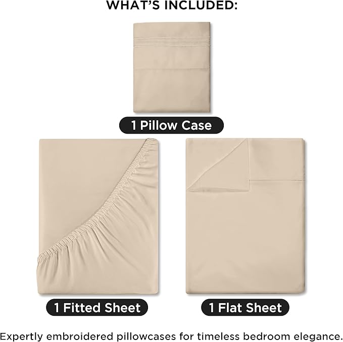 ROYALE LINENS 3 Piece Twin XL Sheets Set - Soft Brushed 1800 Microfiber Bedding - 1 Fitted and 1 Flat Sheet, 1 Pillow case - Wrinkle Free & Fade Resistant - Hotel Luxury Bed Sheets (Sand, Twin XL)