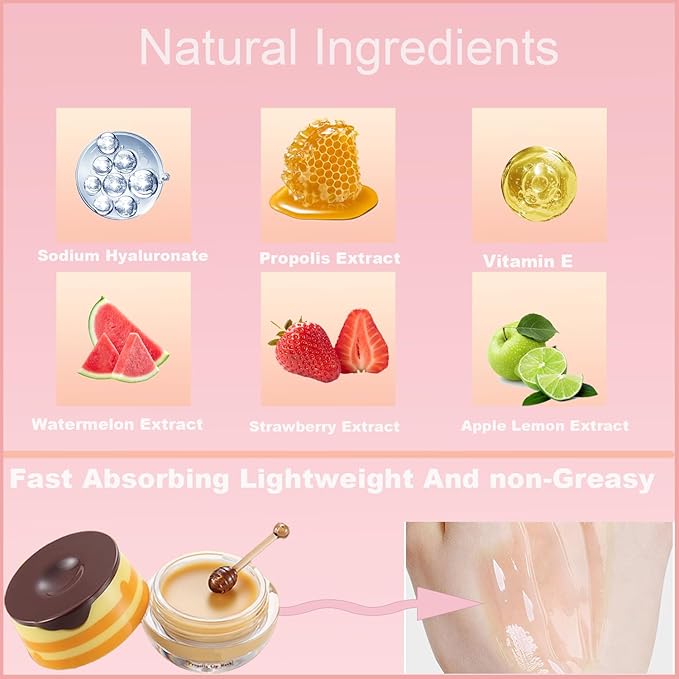 4 PCS Bee Lip Balm Honey Pot, Honey Strawberry Watermelon Apple Sleeping Lip Mask Overnight with Sticks, Exfoliating Prevention Dry and Crack Lip Scrubs
