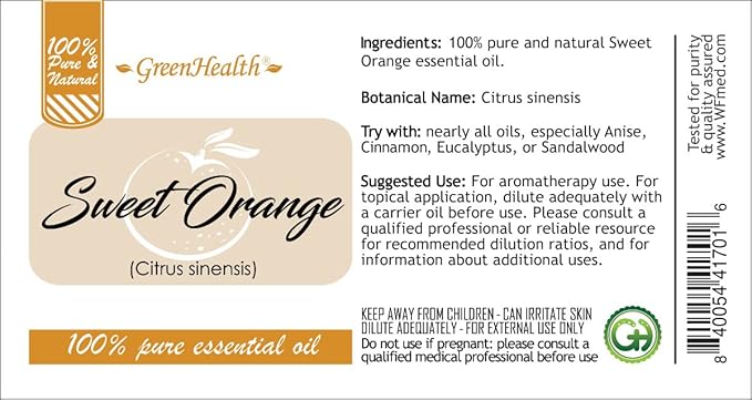 Sweet Orange Essential Oil – 32 fl oz (946 ml) Aluminum Bottle w/Plug Cap – 100% Pure Essential Oil – GreenHealth