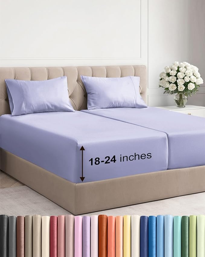 Extra Deep Split King Sheet Set - 5 Piece Breathable & Cooling Bed Sheets - Easily Fits 18 to 24 inch Mattress - Ultra Soft, Wrinkle & Fade Free w/ Extra Deep Pockets - Hotel Luxury Bedding - Lavender