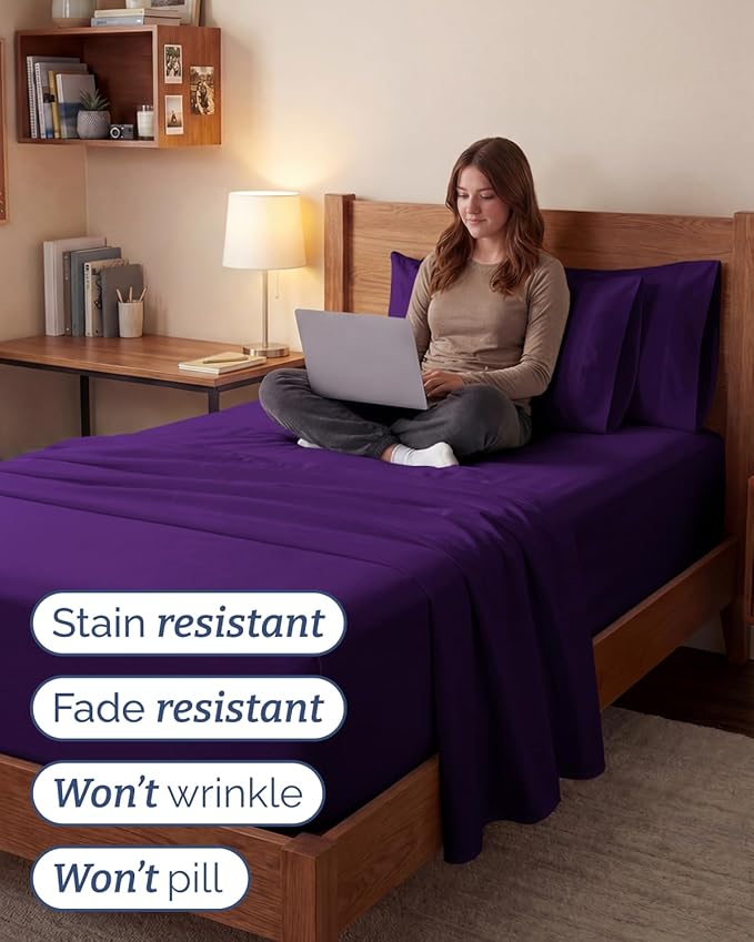 Extra Deep Twin XL Sheet Set - 4 Piece Breathable and Cooling Sheets - Hotel Luxury Bedding for Women, Men, Kids & Teens - Easy Secure Fit - Soft, Wrinkle Free and Comfy - Extra Deep Pockets - Purple