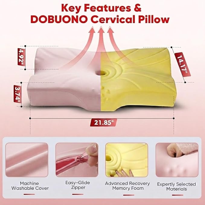 DOBUONO Cervical Neck Pillow - Side Sleeper Pillow for Neck Pain Relief, Odorless Memory Foam Pillow with Cooling Cover & Dual Height, Ergonomic Contour for Neck & Shoulder Support, Pink