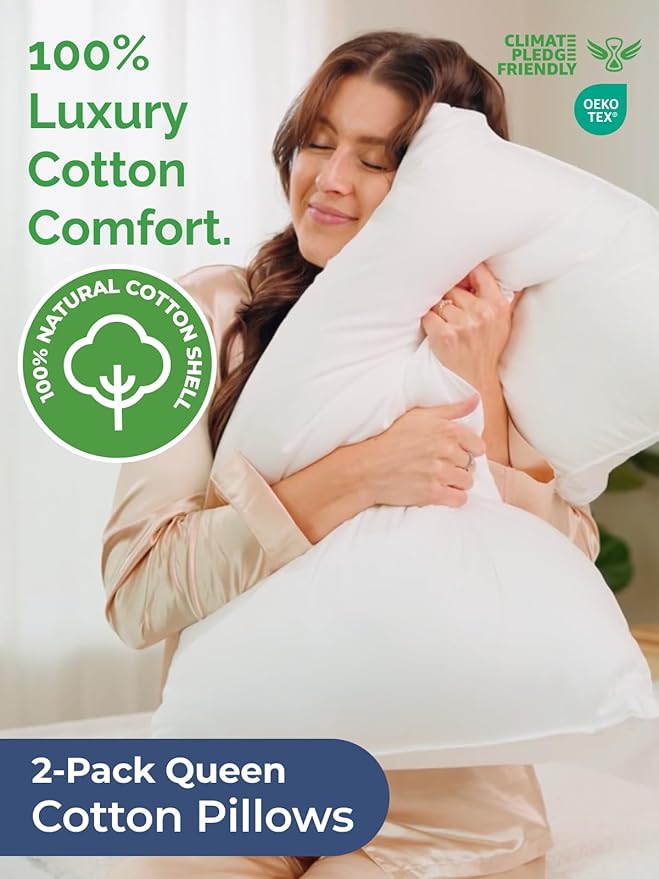 100% Cotton Bed Pillows - Queen Size Set of 2 - Super Soft, Breathable, Down Alternative Polyester for Back & Stomach Sleepers - Low Density, Low Loft Support & Machine Washable - 20" x 40" (White)