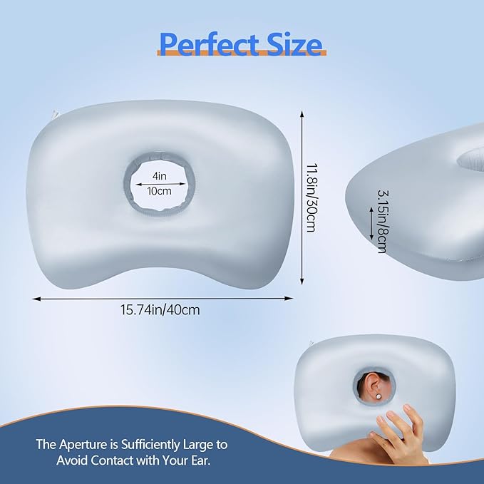 Ear Piercing Hole Pillows Side Sleeper Pillow with an Ear Hole for CNH Side Sleepers and Ear Inflammation Pressure Sores, Adjustable Cotton and Polyester Curved Side Pillow, Light Blue Silk