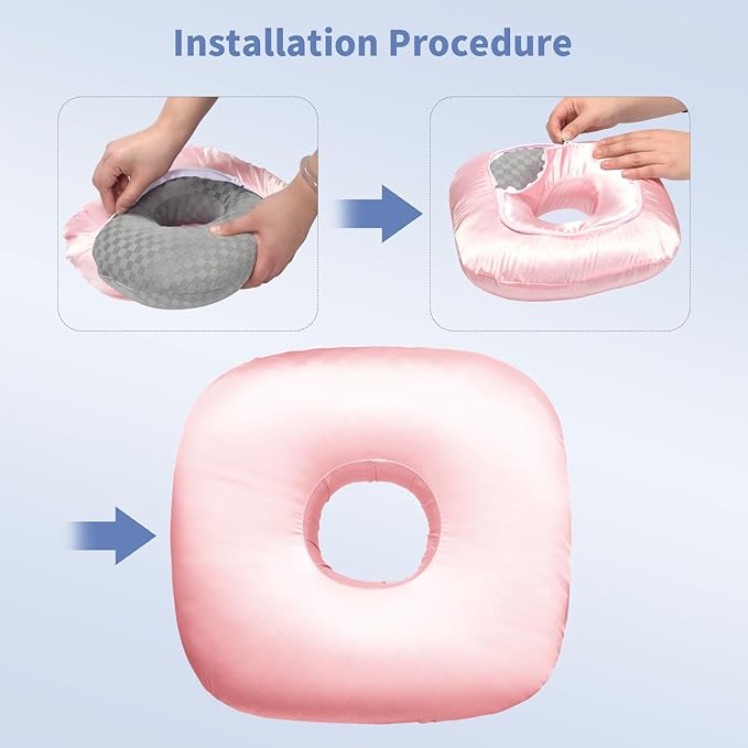 Ear Piercing Pillowcase, Satin Soft Removable Cover for O-Shaped Side Sleeper Pillows, Hypoallergenic & Easy Care for Pierced Ear & CNH Relief (Pillowcase-Light Pink Silk)