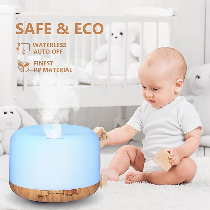 Oil Diffuser, 500ml Essential Oil Diffusers, Aromatherapy Diffuser with 2 Mist Mode 4 Timers＆7 Ambient Light Waterless Auto Off, Diffusers Large Room Home Office